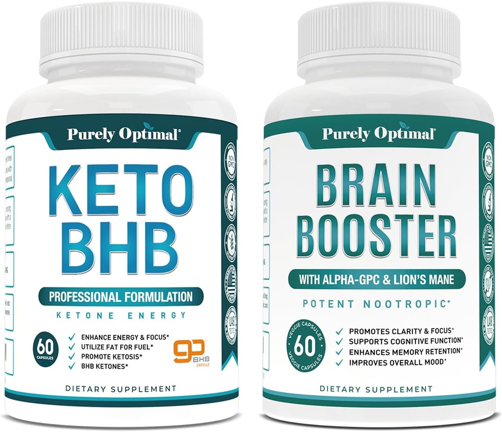 Supplément aux cétones exogènes Kéto BHB purement optimal + supplément au cerveau Premium - Booster Cerveau Nootropique pour le focus, la clarté, l'amélioration de la mémoire, la concentration et une meilleure humeur