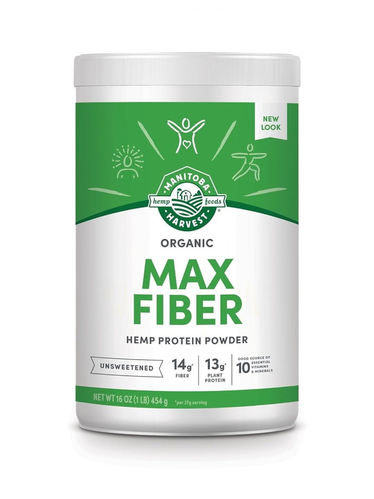 Manitoba Récolte de chanvre Oui Bio Max Fibre Protéine Poudre, non sucrée, 16oz, avec 13g de fibre, 13g de protéines et 2,5g d'oméga 3 et 6 par portion, Kéto-friendly, sans réserve, emballage mai Vary