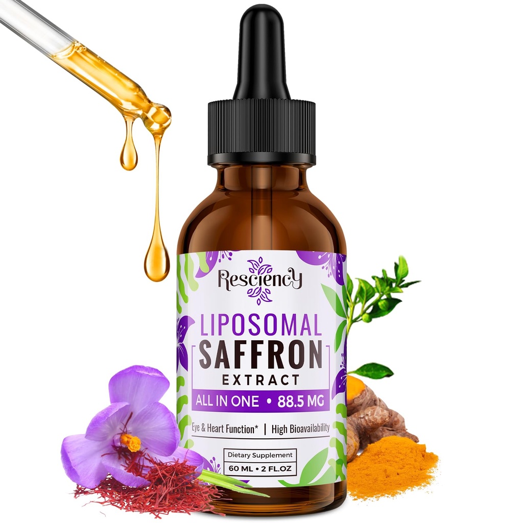 Suppléments de safran - 88,5 mg Extrait de safran Meilleure biodisponibilité Gouttes liposomiques pour l'humeur, l'énergie, la vision et le focus avec Ashwagandha, curcuma, magnésium, zinc, vitamine B12 et D3, 60 ml, 30 portions