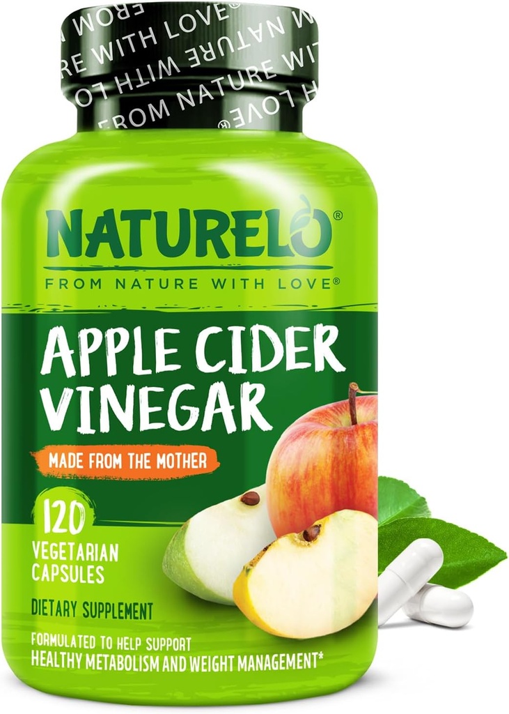 NATURELO Capsules de vinaigre de cidre de pomme - ACV naturel avec supplément mère pour les hommes et les femmes pour la désintoxication, le nettoyage et la gestion du poids - 120 Capsules Vegan