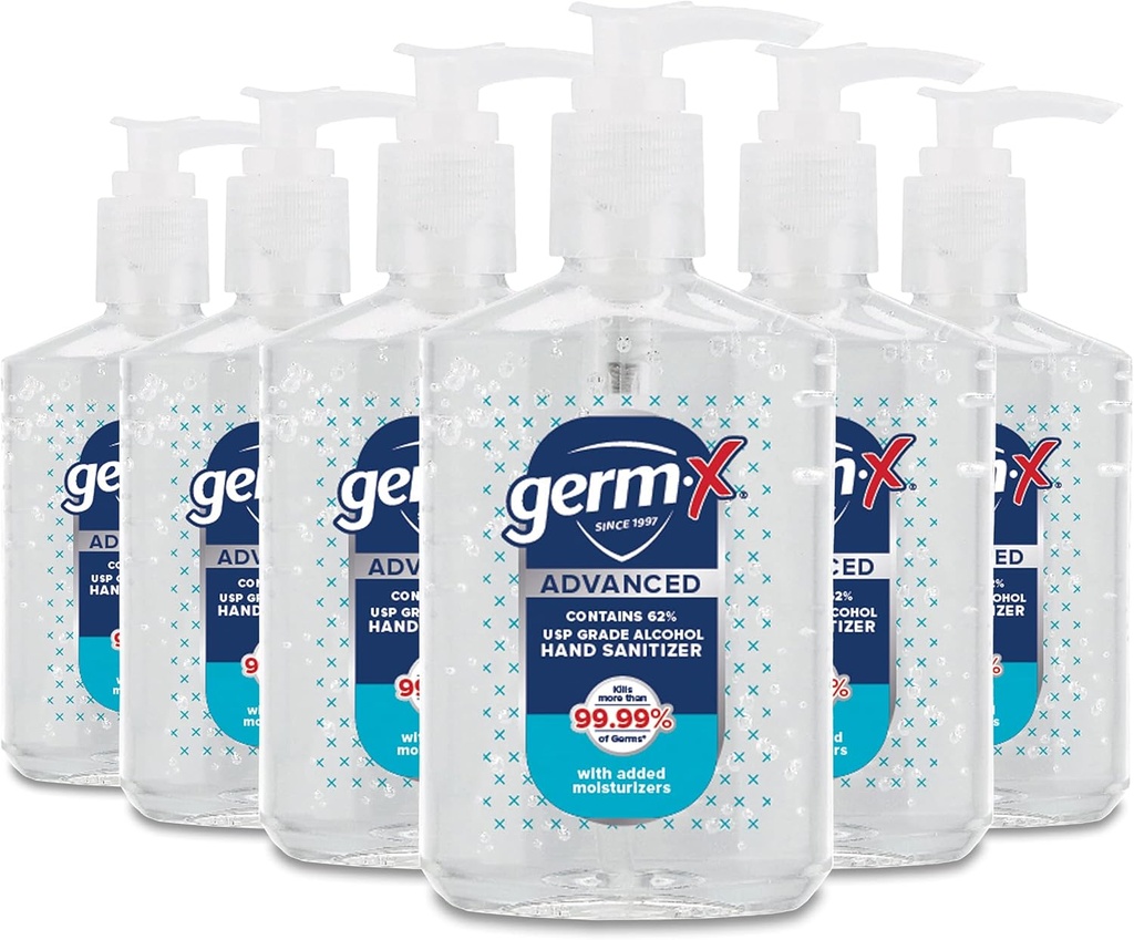 Germ-X Advanced Hand Sanitizer, Non-Drying Moisturizing Clear Gel, Instant and No Rinse Formula, Back to School Supplies College, Pump Bottle, 8 Fl Oz (Pack of 6)