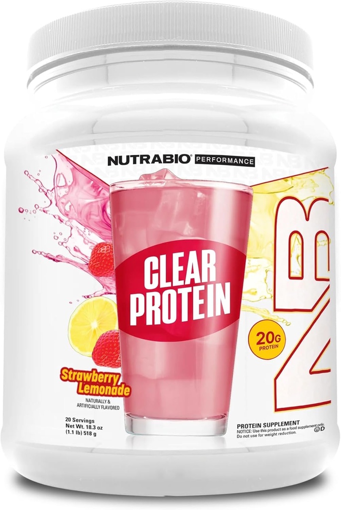 NutraBio Clear Protein Powder, Strawberry Lemonade - 20 Servings, 20g Clear Whey Protein Isolate, 0 Sugar, 0g Lactose, Refreshing Fruit Flavors, GLP1 Support -Bone Health -Muscle Post Workout Recovery