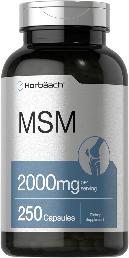 Horbäach MSM Supplement Capsules de 2000mg de 250 Count de la formule sans OGM et sans gluten de méthylsulfonylméthane