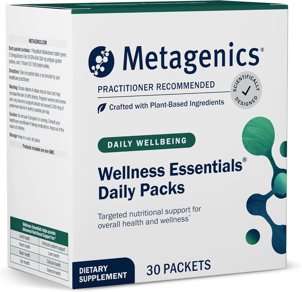 Métagène Bien-être Essentiels Packs quotidiens - Multivitamines et packs Oméga-3 avec des vitamines A, C, D, E & B - Soutient la santé cardiaque, cérébrale, immunitaire et osseuse* - Non-OGM, sans gluten - Établissement certifié BPF