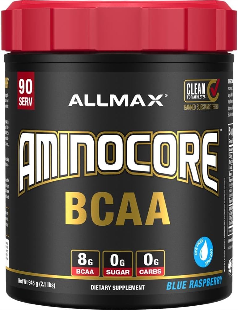 ALLMAX Nutrition AMINOCORE BCAA, Blue Raspberry - 945 g Powder - 8.18 Grams of Branched Chain Amin Acids Per Serving - with B Vitamins - No Fillers or Non-BCAA Aminos - Sugar Free - 90 Servings