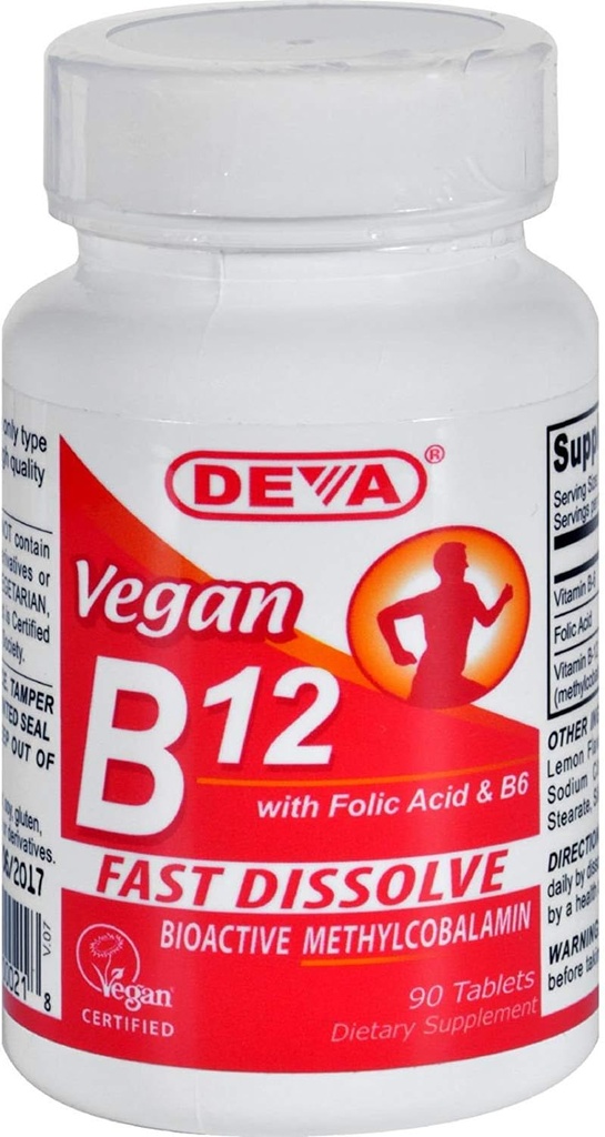 Deva Nutrition Vegan B12 Sublingual 1000 mcg avec acide folique et B6 non certifié Kosher - 90 comprimés par Deva Nutrition