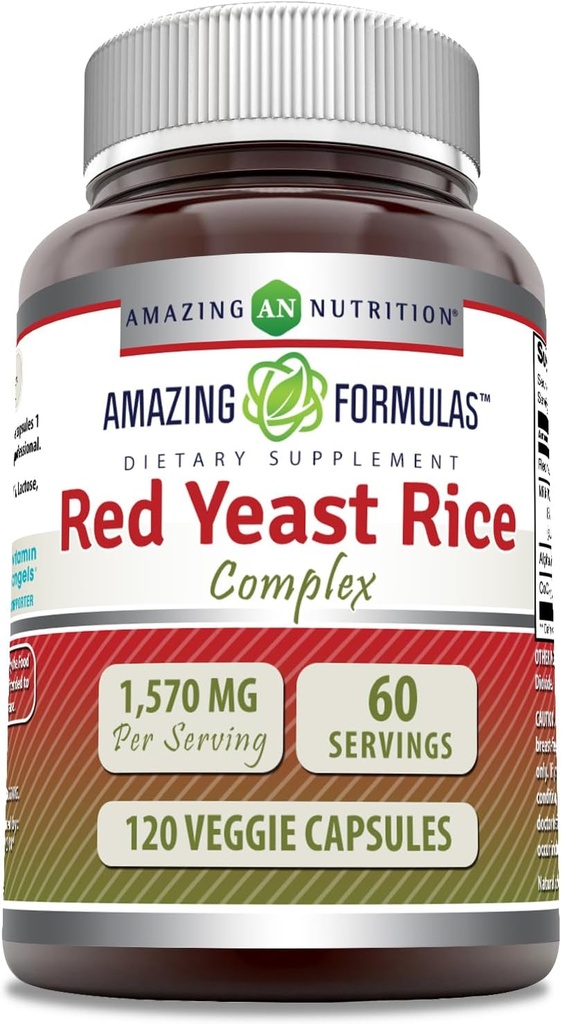 Formules étonnantes Complexe de riz de levure rouge de 1570 Mg par portion de 120 capsules de légumes avec acide alpha lipoïque, CoQ10, extrait de chardon de lait
