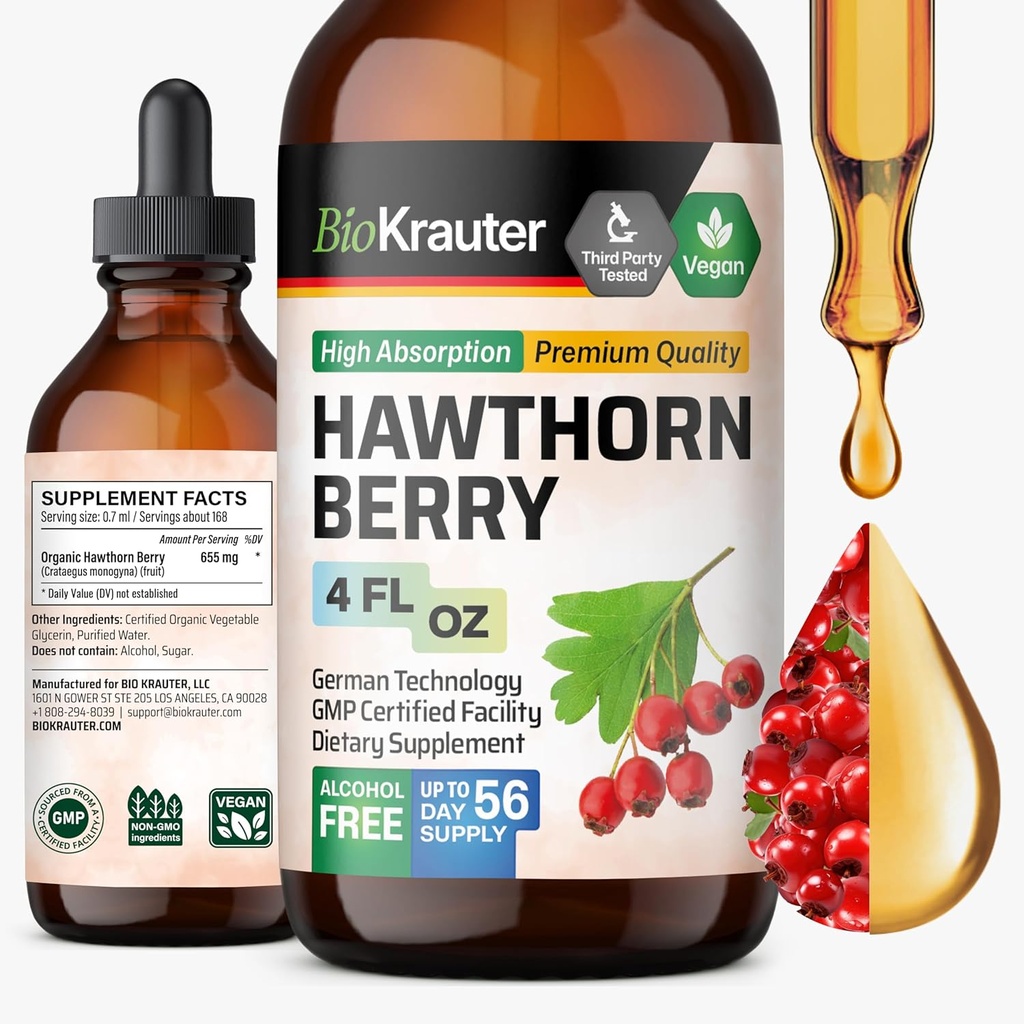 BIO KRAUTER Hawthorn extrait de la teinture - supplément naturel de la baie de Hawthorne - 100% pure formule - Vegan Sugar & Alcohol Free - 4 Fl. Oz. - 56 Jour d'approvisionnement