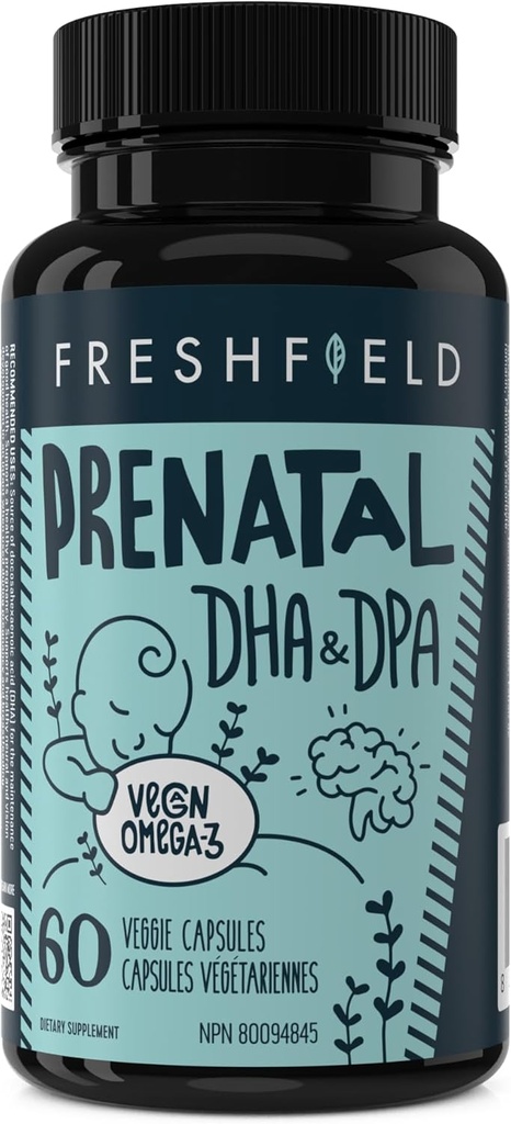 Freshfield Prenatal Vegan Omega 3 DHA: Durable, sans carrageenan, testé par une tierce partie, bouteille compostable, neutre de carbone. Soutient le coeur, le cerveau, la santé articulaire
