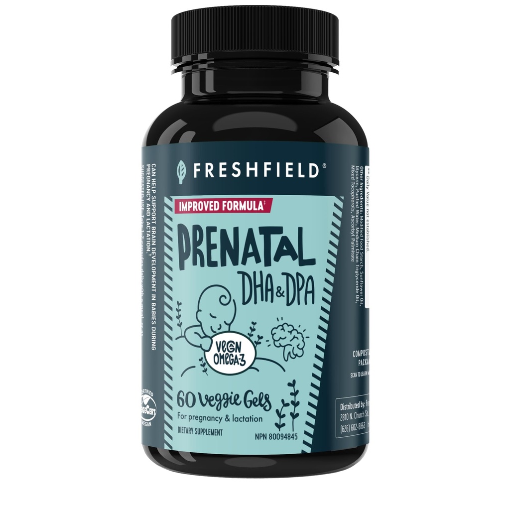 Freshfield Prenatal Vegan Omega 3 DHA: Sustainable, Carrageenan Free, Third Party Tested, Compostable Bottle, Carbon Neutral. Supports Heart, Brain, Joint Health w/DPA