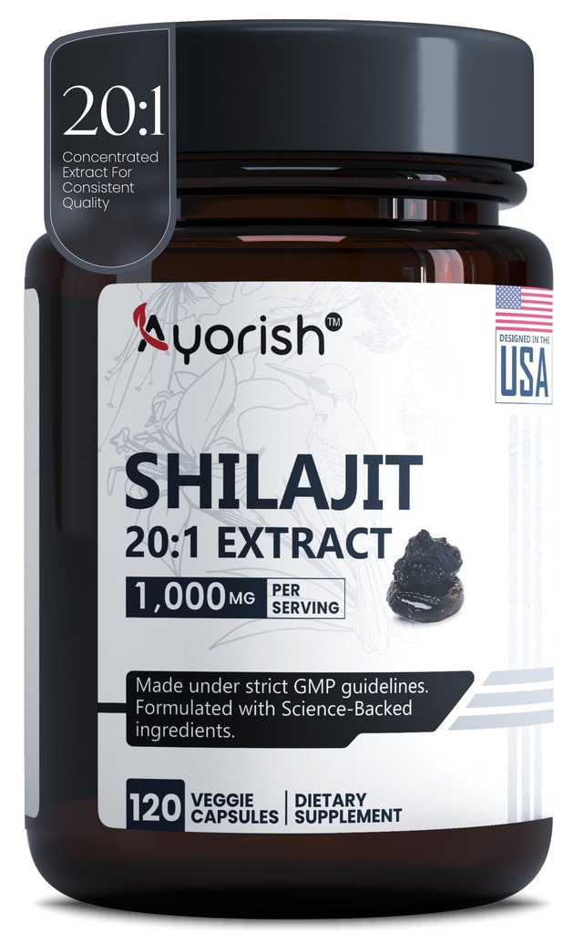 Pure Shilajit Capsules 1000mg 120 Compter avec l'acide fulvic & 85+ Trace Minerals pour l'énergie améliorée et le soutien immunitaire Hommes et femmes mieux que la résine Shilajit