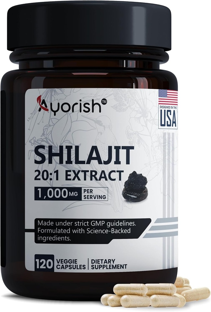 Pure Shilajit Capsules 1000mg 120 Compter avec l'acide fulvic & 85+ Trace Minerals pour l'énergie améliorée et le soutien immunitaire Hommes et femmes mieux que la résine Shilajit