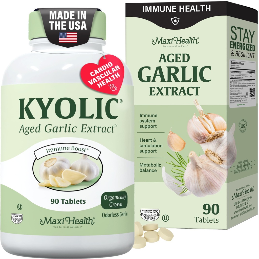 Maxi Health Kyolic complément à l'ail biologique - Comprimés d'ail casher avec extrait d'ail vieilli Kyolic pour le soutien immunitaire - pilules d'ail végétarien (90 comte)