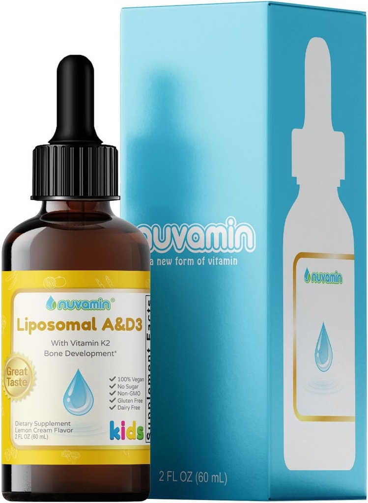 Nuvamine – Vitamine liposomique liquide A & D3 gouttes avec K2 pour les bébés enfants et adultes, 800 UI/mL, 2 Fl.Oz (60ml), 120 portions quotidiennes, grand goût - Tous naturels - Absorption supérieure, parfum citron