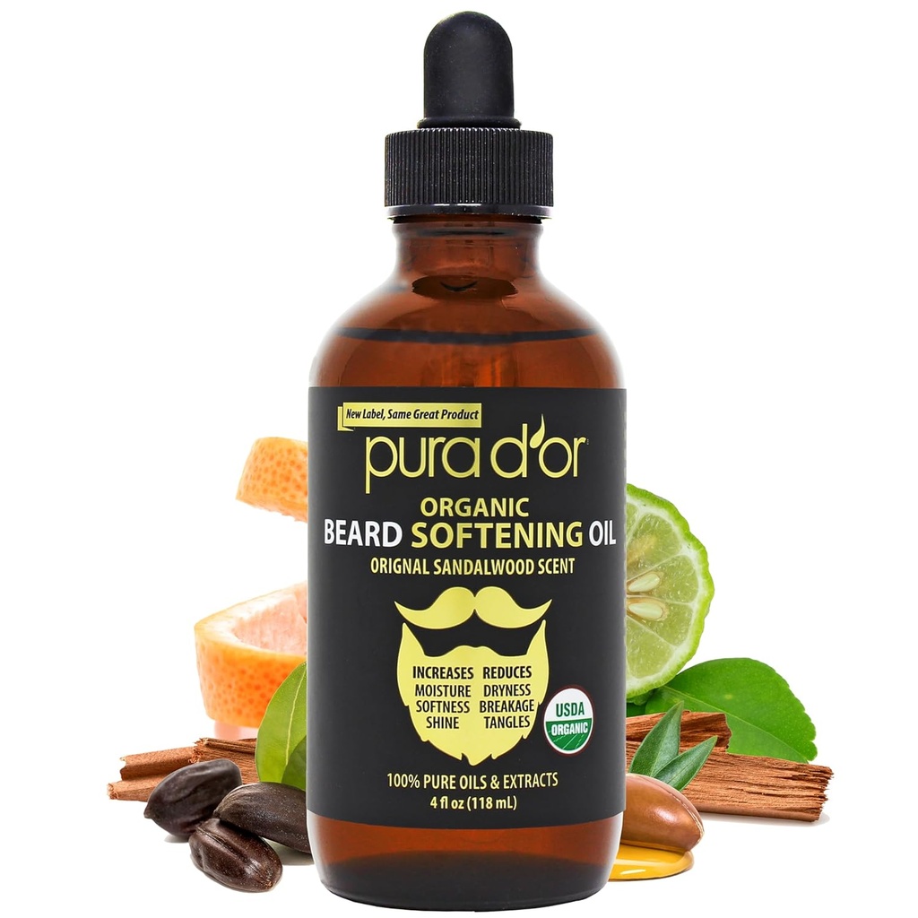 PURA D'OR 4 Oz Huile d'adoucissement ORGANIQUE de la barbe - Parfum de bois de santal d'origine - Huile de revitalisant, d'argan et de jojoba - Entretien et entretien de la moustache, augmentation de la douceur et de la force - Cheveux, peau et visage de la barbe