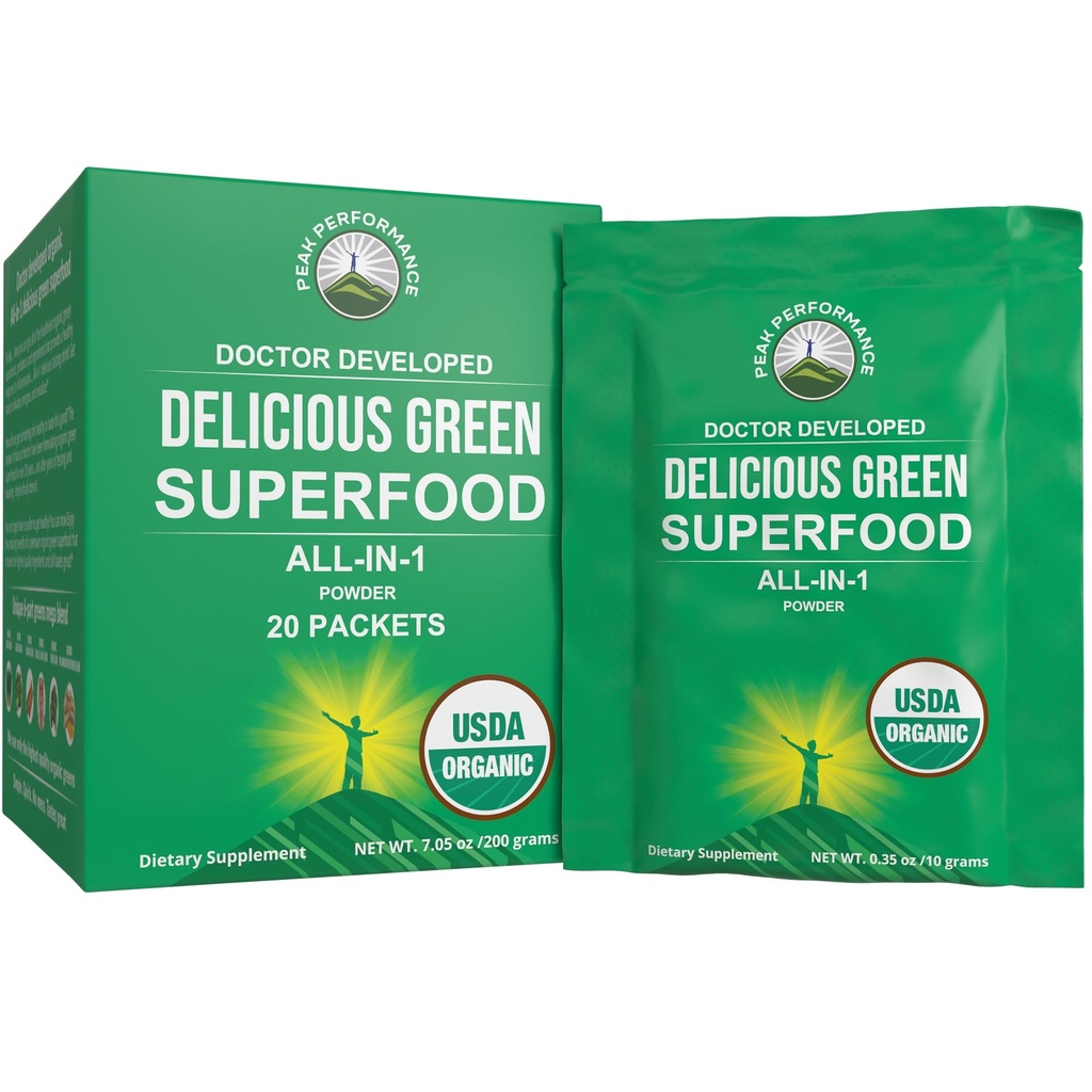 Peak Performance Bio Greens Superfood Powder Packets de voyage à usage unique. Meilleure dégustation de jus vert biologique Super Food avec 25+ Tous les ingrédients naturels pour Max Energy. (20 Pack)