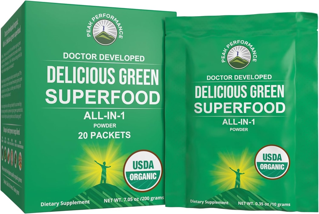 Peak Performance Bio Greens Superfood Powder Packets de voyage à usage unique. Meilleure dégustation de jus vert biologique Super Food avec 25+ Tous les ingrédients naturels pour Max Energy. (20 Pack)