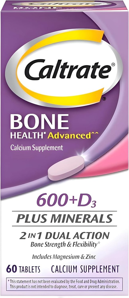 Caltrate 600+D3 Plus Minéraux Comprimés suppléments de calcium et de vitamine D, os santé et suppléments minéraux pour adultes - 60 Nombre