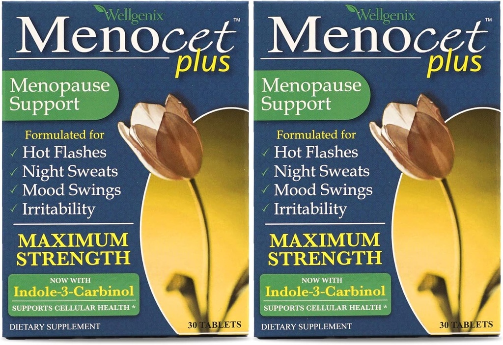 Wellgenix Menocet Plus Soutien à la ménopause - Supplément à la ménopause tout-en-un - Soins quotidiens aux femmes - Flashs chauds, Sueurs nocturnes, Swings d'humeur et irritabilité - 30 comprimés (paquet de 2)