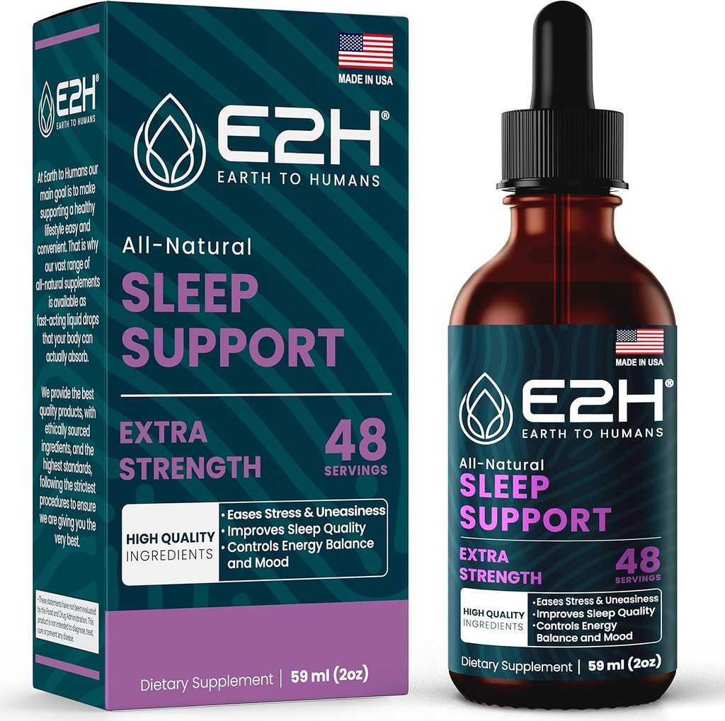 E2H Natural Sleep Support - Mélatonine liquide avec camomille, théanine - mieux dormir, plus profond, plus long - végétalien, sans OGM - fournit un soulagement du stress - 2 Fl Oz