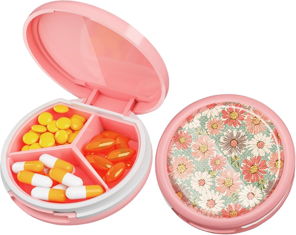 Serfeymi Petite Pill Box - 3 compartiments Pill Box portable pour la poche de la purse, compact Mini cas de pilule de voyage - adapté pour la médecine, la vitamine, l'huile de poisson, suppléments - rose(Daisy)