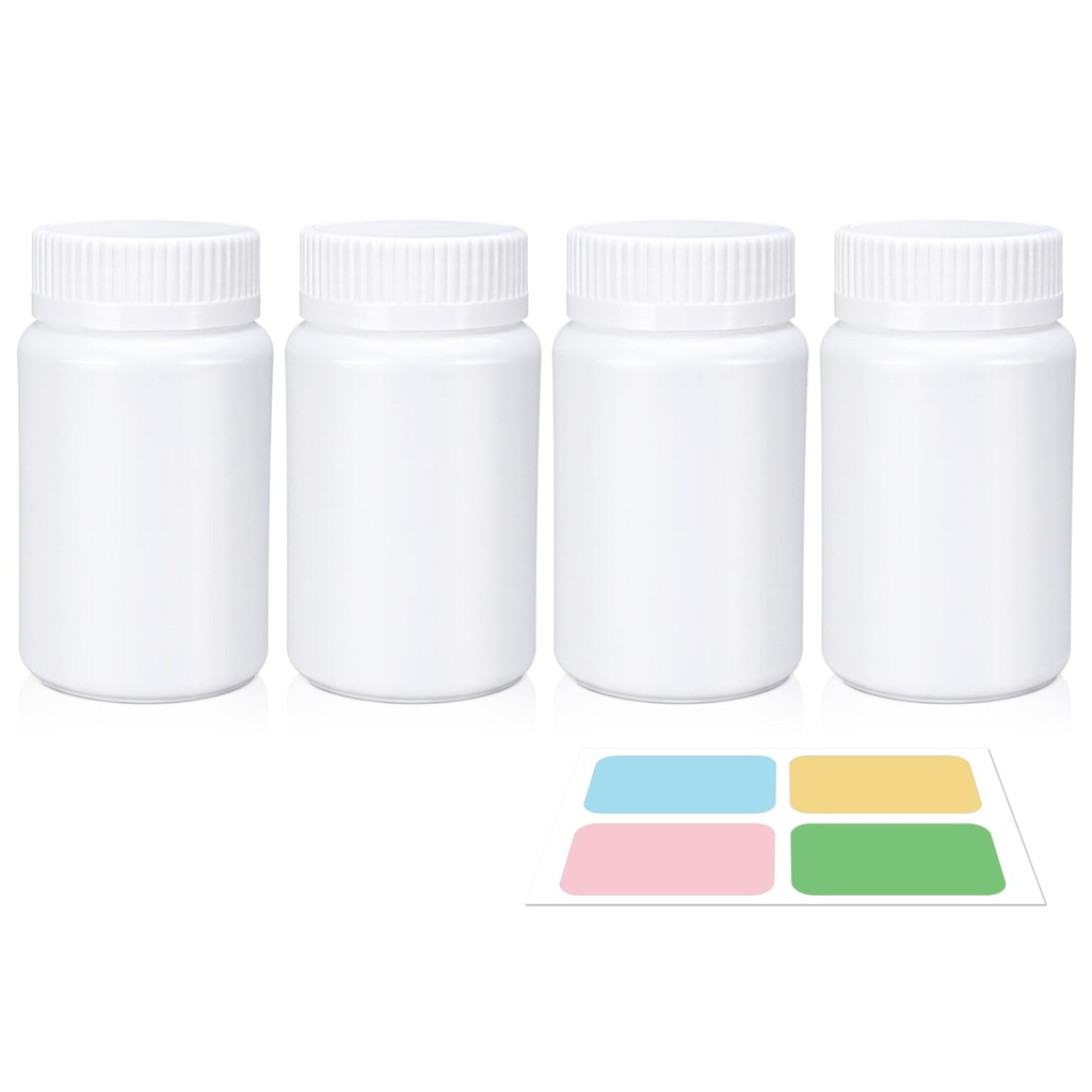 Bouteille à pilules blanches, bouteilles de médicaments vides avec bouchons à vis pour pilules Capsules Vitamines, contenants de médecine plastique de qualité alimentaire avec étiquettes pour le voyage (3.4oz/100ml, 4 Pcs)