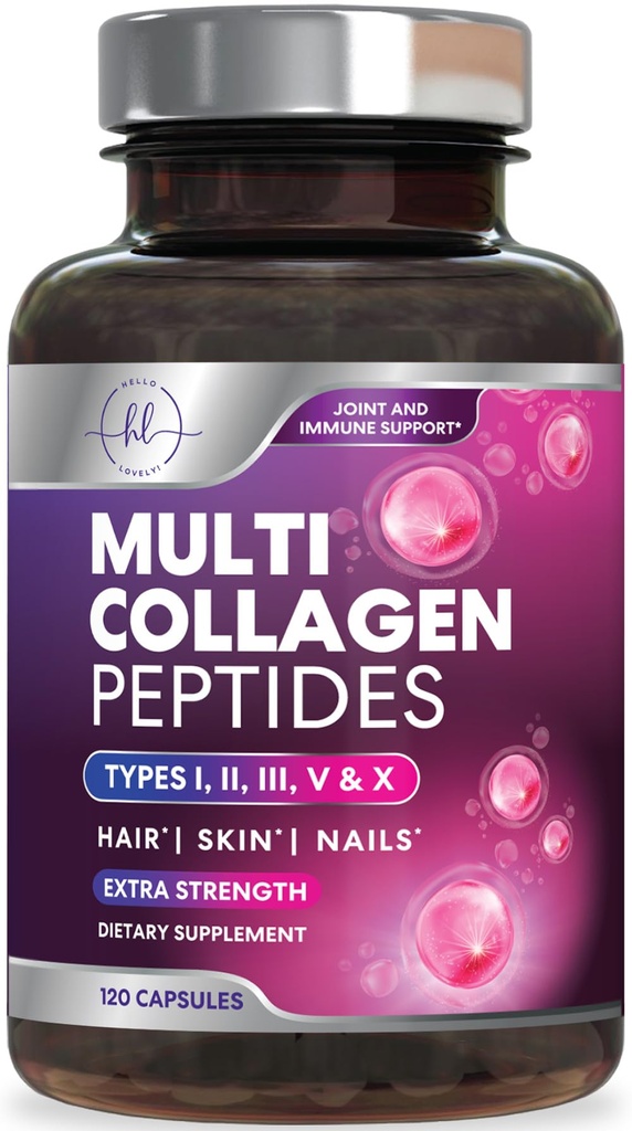 Multi Collagène Supplément 2400 mg - Types I, II, III, V & X Multi Collagène Peptides Pills pour femmes et hommes, Suppléments de collagène hydrolysé, Cheveux, Peau, Nail et Supplément de soutien articulaire, 120 Capsules