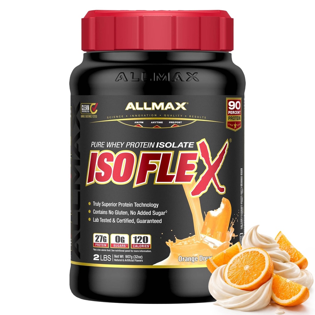 ALLMAX Nutrition ISOFLEX Isolation des protéines de lactosérum, Dreamsicle orange - 2 lb - 27 grammes de protéines par scoop - Zéro gras et sucre - 99% Sans lactose - Sans gluten et sans soja - Environ 30 portions