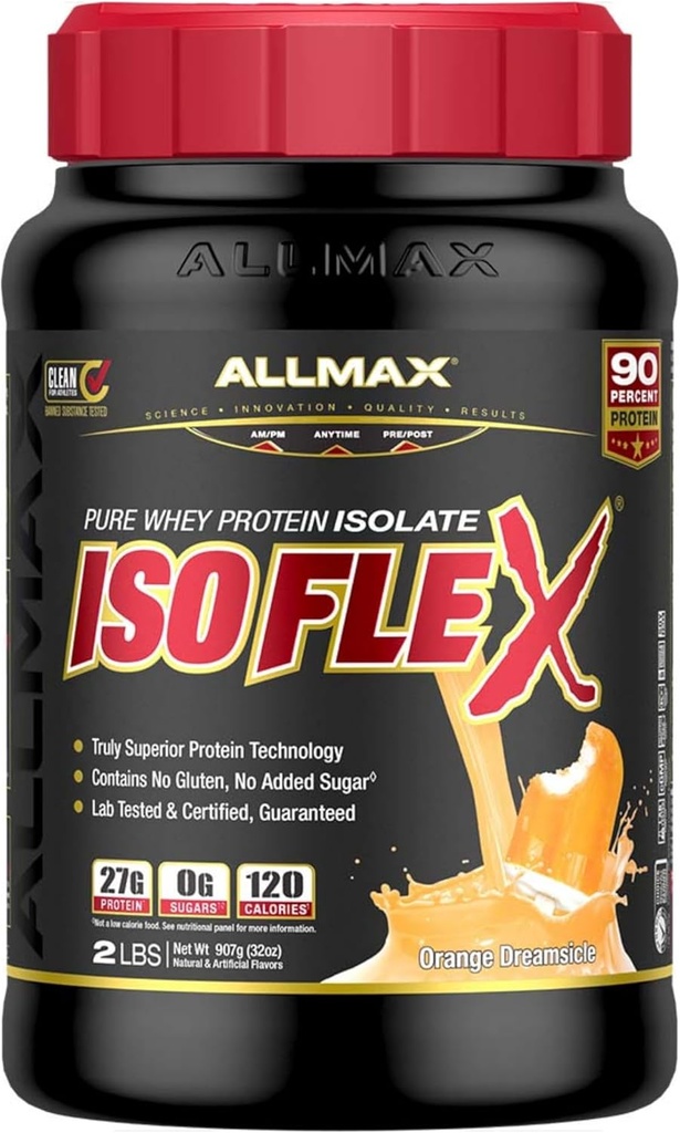 ALLMAX Nutrition ISOFLEX Whey Protein Isolate, Orange Dreamsicle - 2 lb - 27 Grams of Protein Per Scoop - Zero Fat & Sugar - 99% Lactose Free - Gluten Free & Soy Free - Approximate 30 Servings