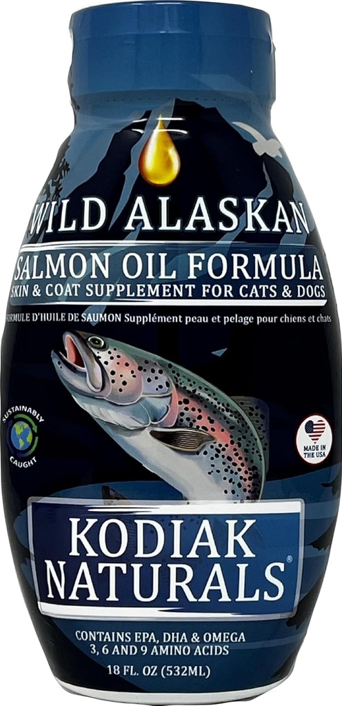 18oz Wild Alaskan Salmon Oil Formula for Dogs & Cats, un mélange équilibré d'huiles de poisson pur avec EPA et DHA de Wild-Caught Fish. Soutien de la peau et du manteau, des articulations et de la santé immunitaire.