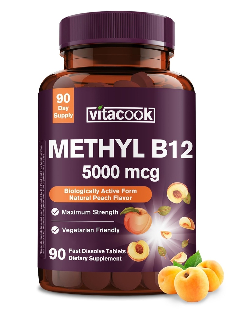 Vitamine B12 Sublingual, méthylcobalamine 5000mcg pour la production d'énergie, l'énergie, le soutien des nerfs et cellules, l'arôme naturel de pêche, végétalien, sucre zéro, 90 comprimés à dissolution rapide