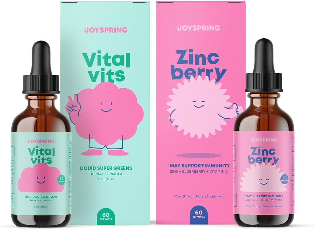 JoySpring Daily Multivitamine & ZincBerry Bundle , Vitamines pour enfants naturellement, non-OGM, formule liquide non alcoholique, Immunity Health Support , Suppléments végétaliens et végétariens