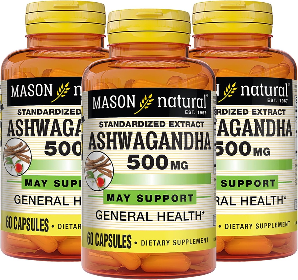 MASON NATURAL Ashwagandha 500 mg, Adaptogène pour le stress et le soutien énergétique, supplément à base de plantes, 180 jours d'approvisionnement