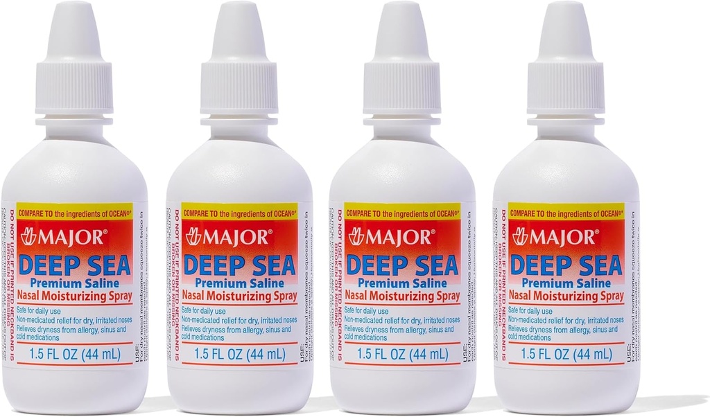 MAJOR Saline Premium de haute mer - Vaporisateur hydratant nasal pour le soulagement de la sécheresse et de l'irritation - Chlorure de sodium 0,65% - 1,5 Fl. Oz (4 Pack)