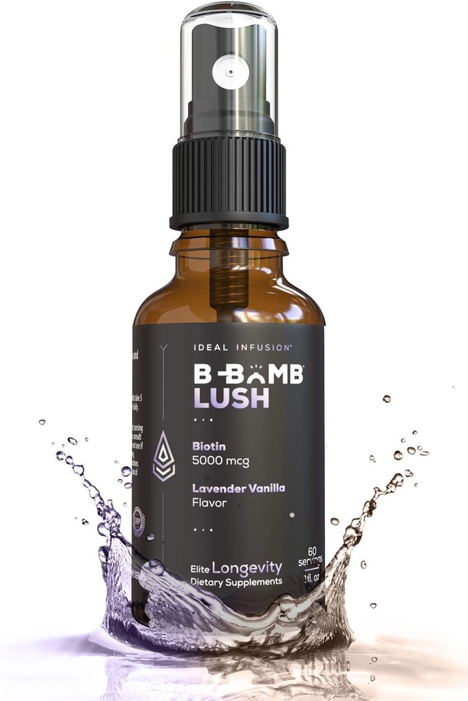 Infusion idéale B-Bomb Lush Biotin Vaporisateur liquide : Vanille de lavande biologique - 5000mcg, Vitamine de croissance capillaire pour l'épaisseur et le volume - Santé de la peau, Nails plus forts, Keto, Vegan