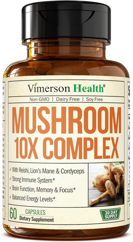 Complexe de Champignons Potent avec Tail de Turquie, Extrait de Mane de Lions, Champignons Shiitake, Reishi, Cordyceps, Maitake, Chaga & More – Supplément de Champignon 10-en-1 pour la clarté mentale, l'énergie naturelle et Focus