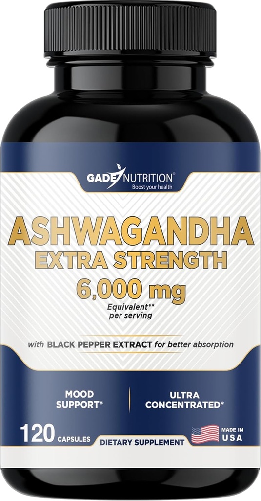 Gade Nutrition Ashwagandha Suppléments - Extra Strength, ashwagandha Capsules en poudre avec poivre noir, humeur naturelle, focus, et supplément de soutien énergétique, 120 capsules Veggie, États-Unis