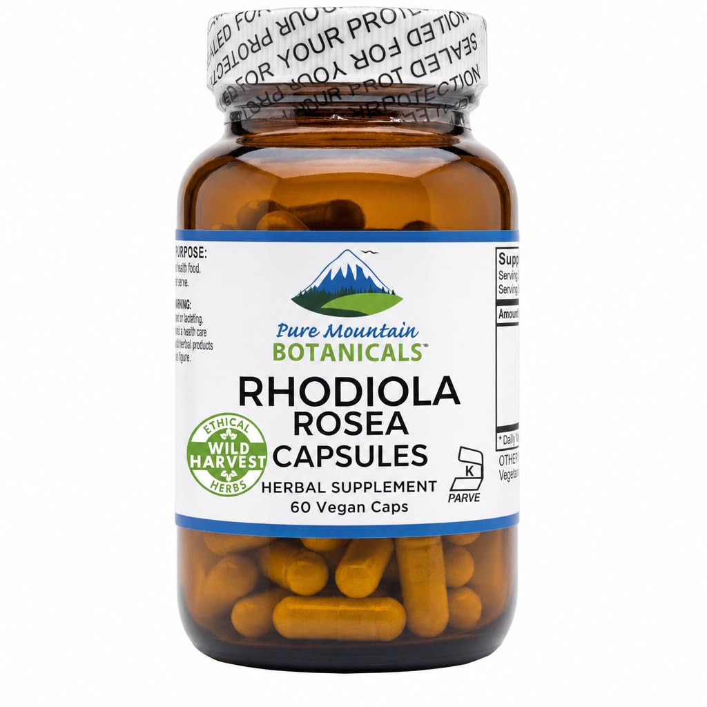Pure Mountain Botanicals Supplément Rhodiola Rosea - 60 gélules végétales casher avec 250mg Extrait de racine Rhodiola