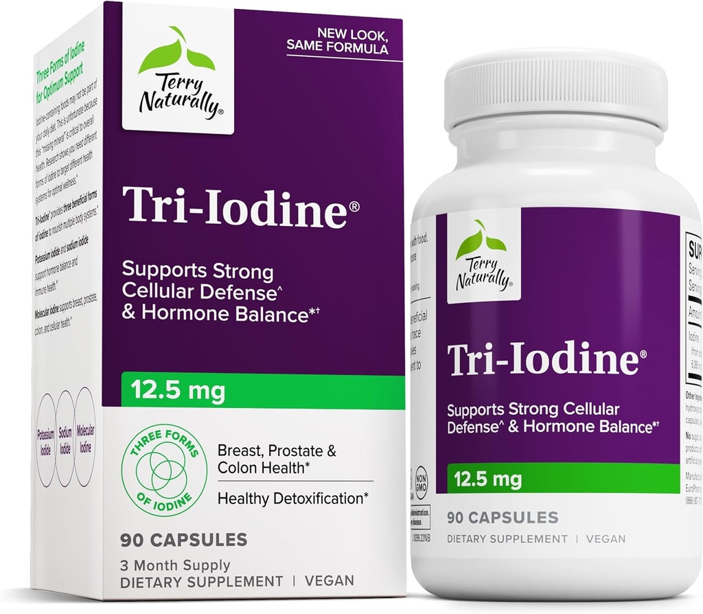 Terry naturellement Tri-Iodine - Soutien à la santé thyroïde - Aide l'équilibre hormonal avec l'iode moléculaire de Kelp - Caractéristiques Iodide de potassium et iode de sodium - Soutien Cerveau et énergie - 12,5mg, 90 Capsules