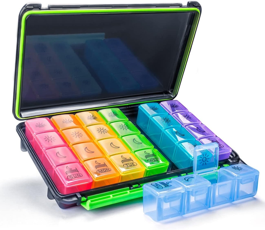 Organisateur hebdomadaire de pilules, boîte à pilules de 7 jours (4 fois par jour) Portable pour voyager avec l'humidité-Proof Design Pill case to Pills/Vitamine/Pish Oil/Supplements