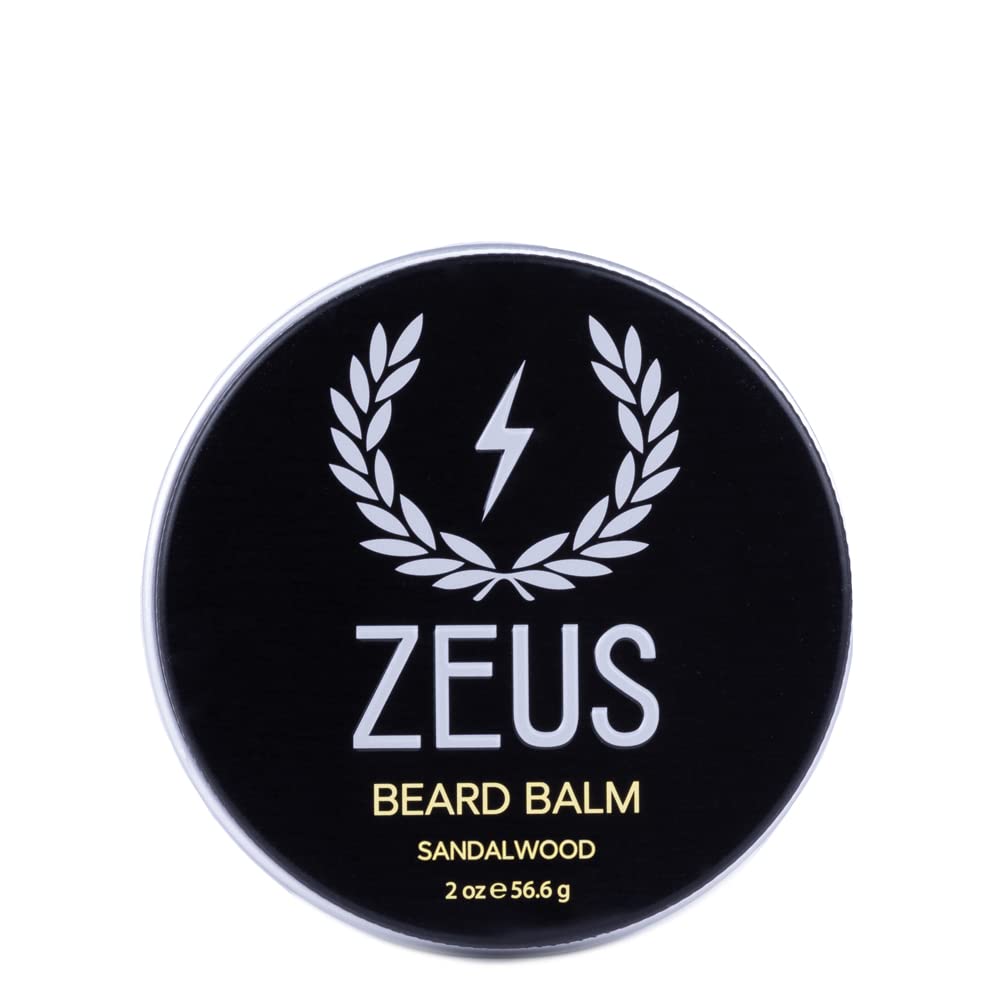 Baume à barbe ZEUS, Baume naturel de cire d'abeille et de beurre de karité, Conditionneur adoucissant pour cheveux faciaux – MADE IN USA (Sandalwood) 2 oz.