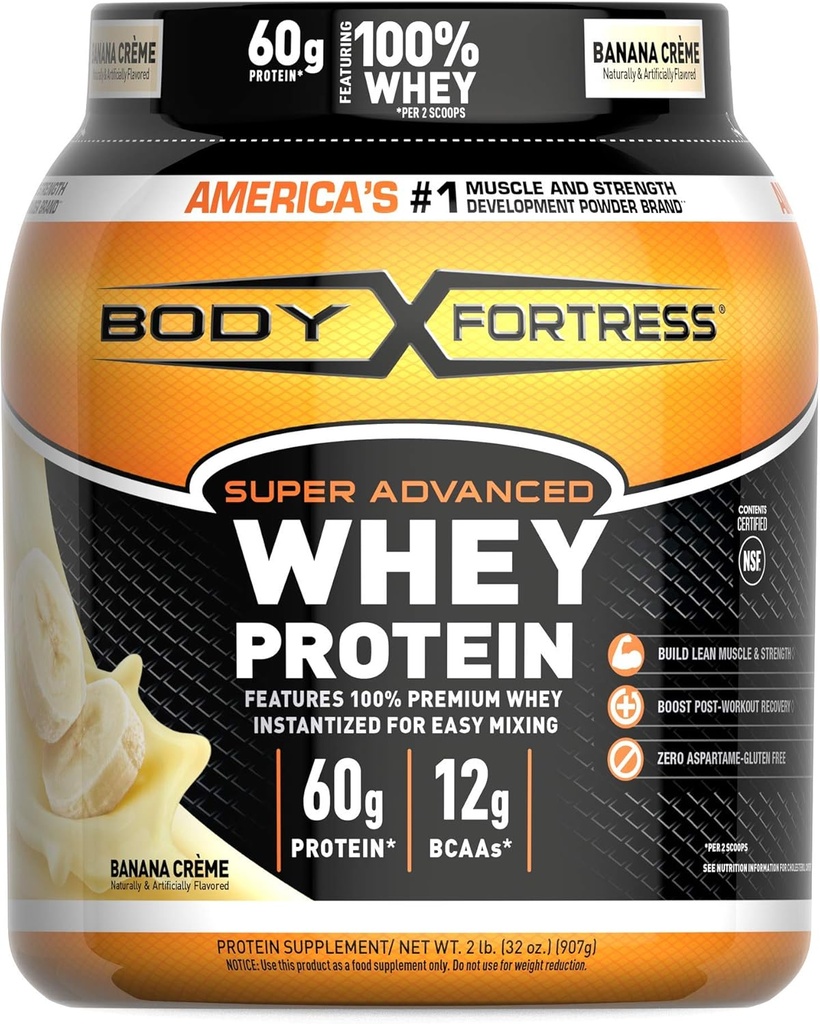 Body Fortress Super Advanced Whey Protéine Poudre, Banana Creme Aromatisée, Sans gluten, 2 Lb