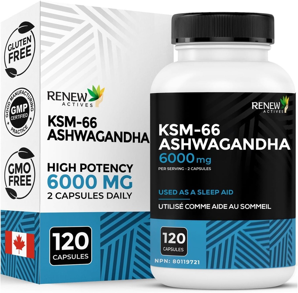 Renouveler les actifs Ashwagandha KSM-66 Supplément 500MG par portion de poivre noir pour l'absorption supérieure - Focus & Mood Support to Augment Energy & Sleep Aid - Fabriqué au Canada - 120 Capsules