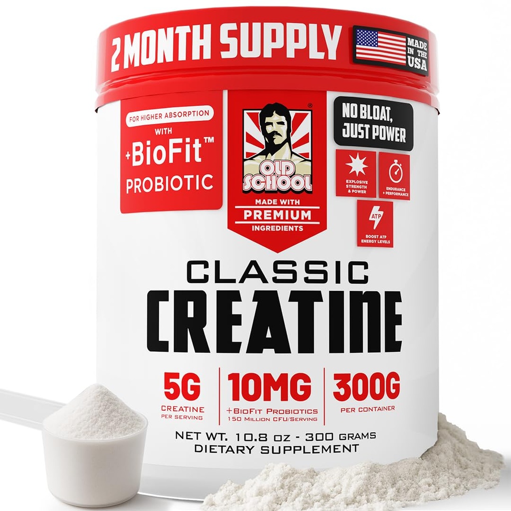 Old School Labs Micronized Creatine Monohydrate with No Bloat BioFitTM Probiotic - Poudre post-récupération pour la force et la performance - 60 portions non aromatisées