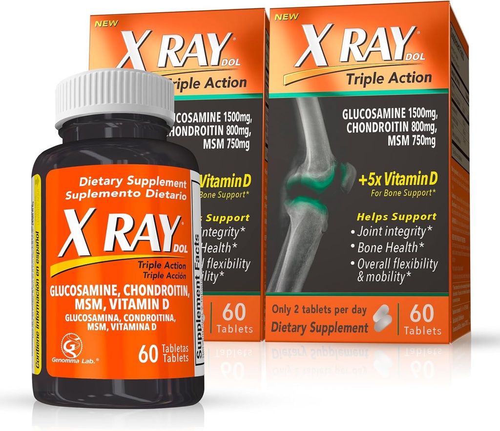 X Ray Dol Triple Action Supplément de soutien conjoint avec Glucosamine 1500mg, Chondroïtine 800mg, MSM 750mg et 5X Vitamine D pour les articulations, les os et le cartilage sains - 60 Compte par bouteille - 2 Pack