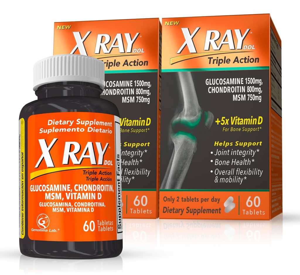 X Ray Dol Triple Action Supplément de soutien conjoint avec Glucosamine 1500mg, Chondroïtine 800mg, MSM 750mg et 5X Vitamine D pour les articulations, les os et le cartilage sains - 60 Compte par bouteille - 2 Pack