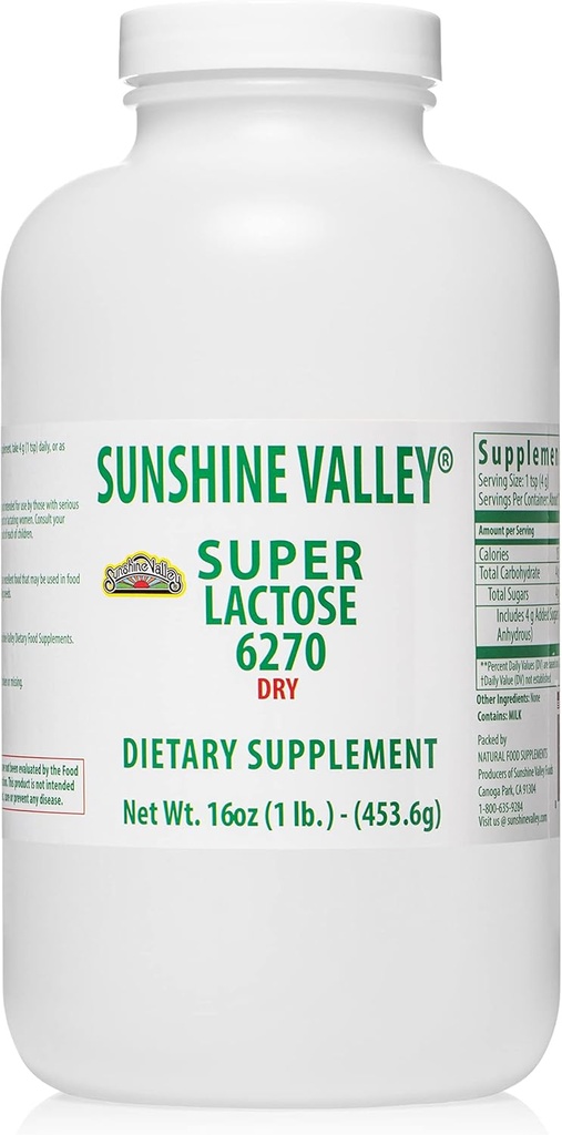 Sunshine Valley® Super Lactose Dry Powder (FREE FLOW POUR) - Enhancer naturel et enrobant de cuisson, sucre en poudre pour la cuisine et les mélanges alimentaires, stabilisant et remplissage des aliments - 16 oz