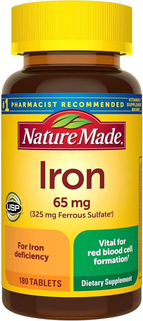 Nature faite de fer 65 mg (325 mg de sulfate ferreux) comprimés, supplément alimentaire pour le soutien des globules rouges, 180 comprimés, 180 jours d'approvisionnement