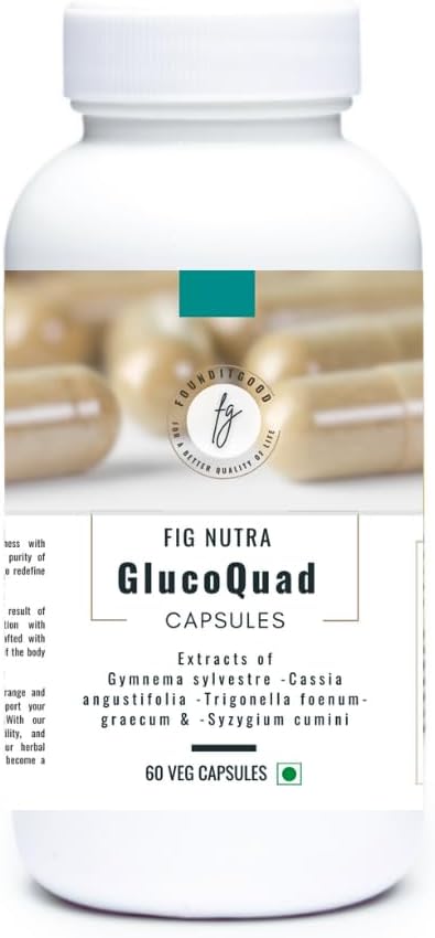 FiG Nutra ‘GlucoQuad=" Capsules de soutien métabolique à base de plantes" Gymnema, Fenugreek, Cassia, Syzygium Blend=" 60 Capsules de légumes