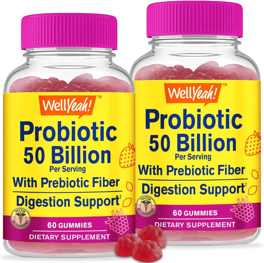 WellYeah (2 Pack 50 Billion Probiotics + Prebiotics for Men and Women Gummies - Digestive Support, Gut Health, Immune Support Gummy - Probiotics for Digestive Health with 12 Strains - 60 Gummies